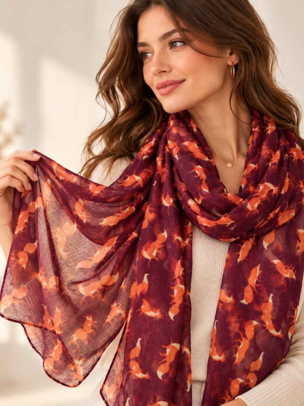 Chatties Burgundy Orange Fox Print Lightweight Scarf 74" Woodland Fall